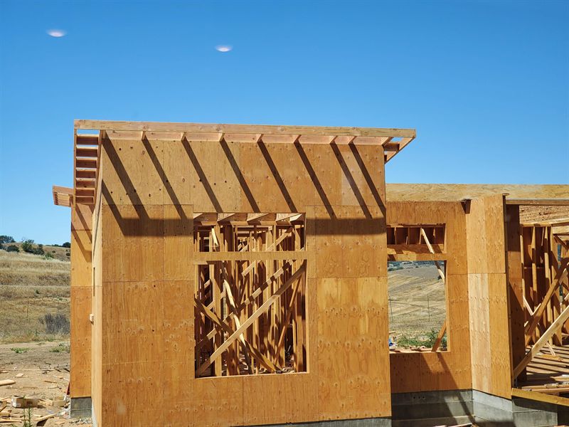 Framed gable wall standing against open grassland